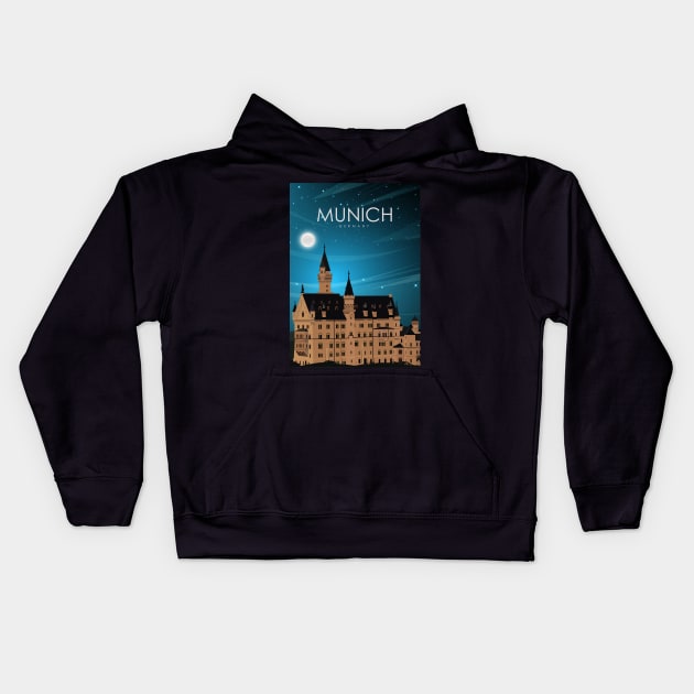 Munich Germany Caste Travel Poster at Night Kids Hoodie by jornvanhezik